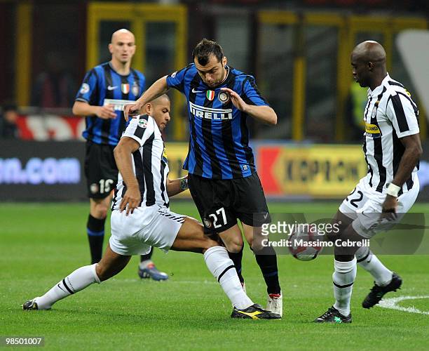 Goran Pandev of FC Internazionale Milano battles for the ball against Felipe Melo and Mohammed Sissoko of Juventus FC during the Serie A match...