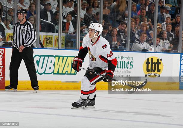 Jared Cowen of the Ottawa Senators skates against the Tampa Bay Lightning at the St. Pete Times Forum on April 8, 2010 in Tampa, Florida.