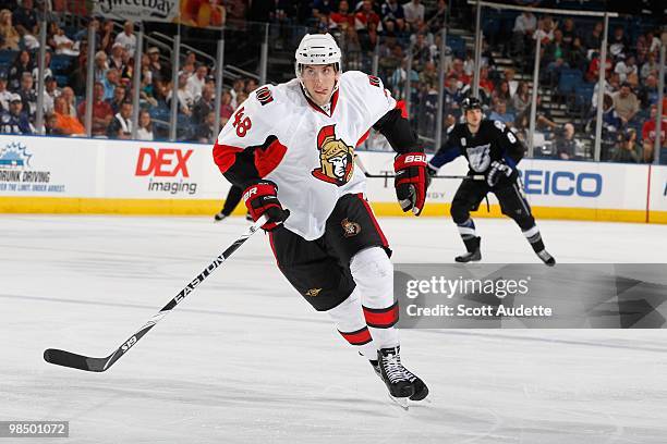 Jared Cowen of the Ottawa Senators skates against the Tampa Bay Lightning at the St. Pete Times Forum on April 8, 2010 in Tampa, Florida.