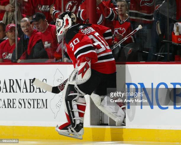 Martin Brodeur of the New Jersey Devils steps on the ice for the start of the game against the Philadelphia Flyers in Game One of the Eastern...