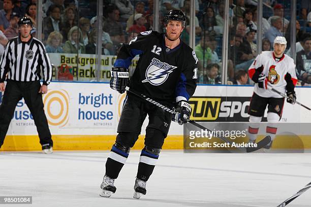 Ryan Malone of the Tampa Bay Lightning skates against the Ottawa Senators at the St. Pete Times Forum on April 8, 2010 in Tampa, Florida.