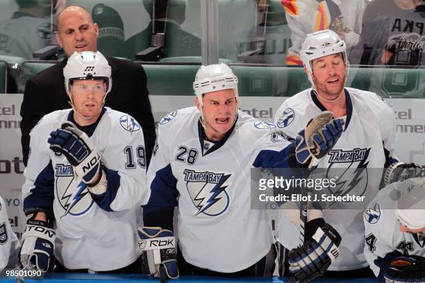 Zenon Konopka of the Tampa Bay Lightning is unhappy with the officiating against the Florida Panthers at the BankAtlantic Center on April 11, 2010 in...