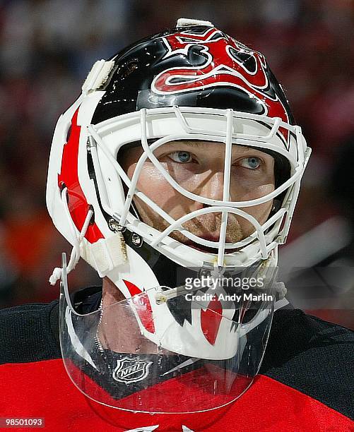 Martin Brodeur of the New Jersey Devils looks on against the Philadelphia Flyers in Game One of the Eastern Conference Quarterfinals during the 2010...