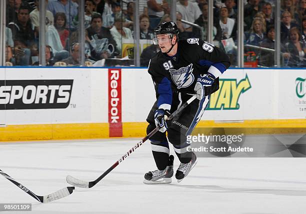 Steven Stamkos of the Tampa Bay Lightning skates with the puck against the Ottawa Senators at the St. Pete Times Forum on April 8, 2010 in Tampa,...