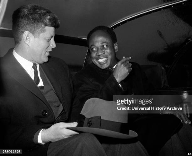 President John Kennedy with Kwame Nkrumah, President of Ghana in 1961 during Nkrumah's visit to the USA.