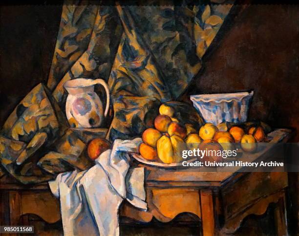 Painting titled 'Still Life with Apples and Peaches' by Paul Cezanne a French Post-Impressionist painter. Dated 20th Century.