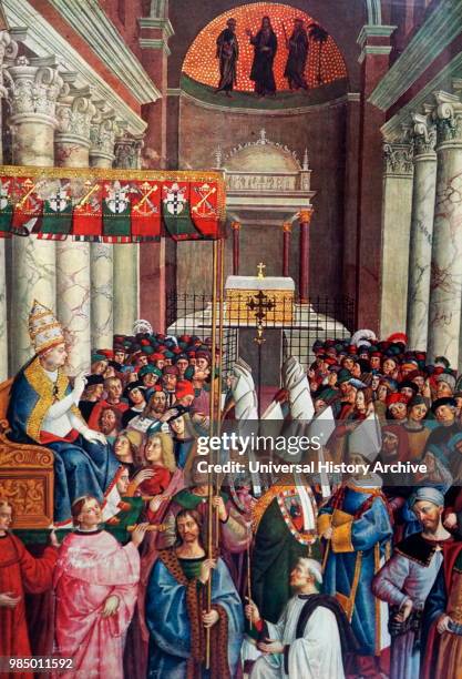 Painting titled 'The Coronation of Enea Silvio Piccolomini as Pope Pius II' by Pinturicchio an Italian painter of the Renaissance. Dated 16th Century.