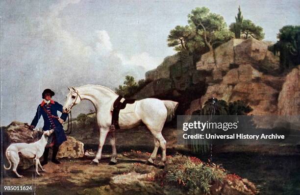 Painting titled 'A Grey Hunter with a Groom and a Greyhound at Creswell Crags' by George Stubbs an English painter. Dated 18th Century.