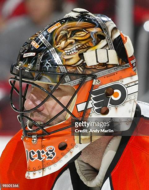 Brian Boucher of the Philadelphia Flyers looks on against the New Jersey Devils in Game One of the Eastern Conference Quarterfinals during the 2010...