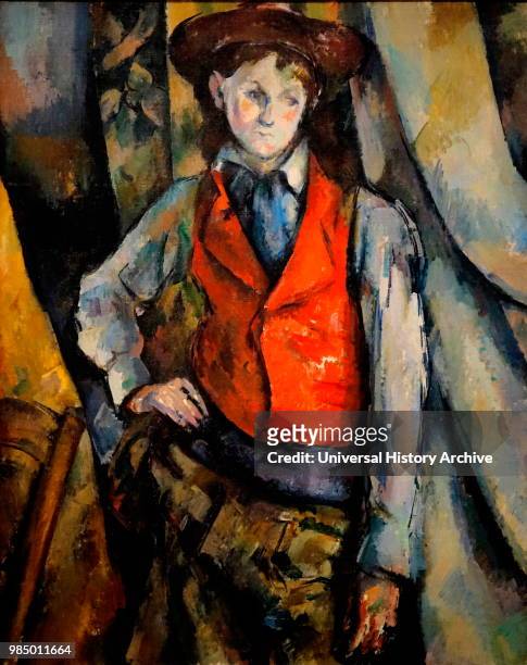 Painting titled 'Boy in a Red Waistcoat' by Paul Cezanne a French Post-Impressionist painter. Dated 19th Century.