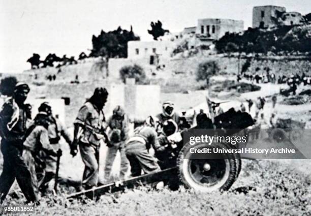 Arab Legion artillery shelling Jewish Haganah positions during the siege of Jerusalem; Israeli War of Independence 1948.
