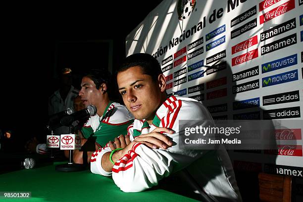 Javier Hernandez of Mexico National soccer team attends a press conference after a training session as part of the preparation for 2010 Fifa World...