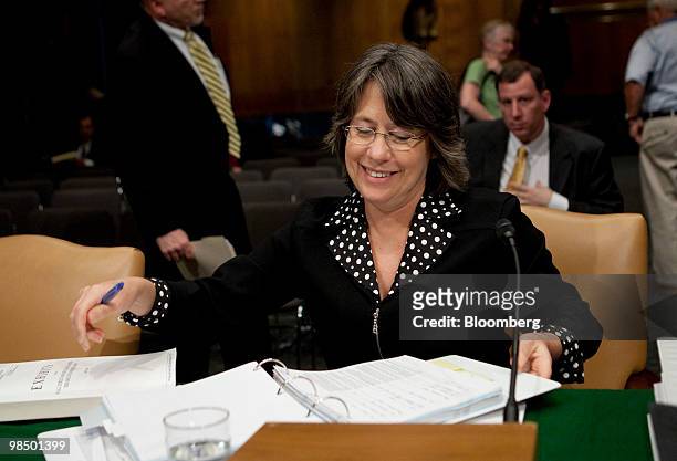 Sheila Bair, chairwoman of the Federal Deposit Insurance Corporation , finishes a Permanent Investigations Subcommittee hearing on Wall Street and...