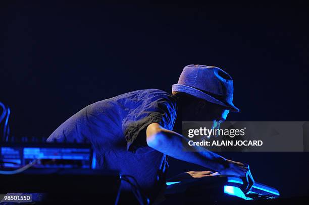 French musician Louis Warynski, aka "Le chapelier fou" performs on stage on April 16, 2010 in Bourges, during the 34th edition of "Le printemps de...