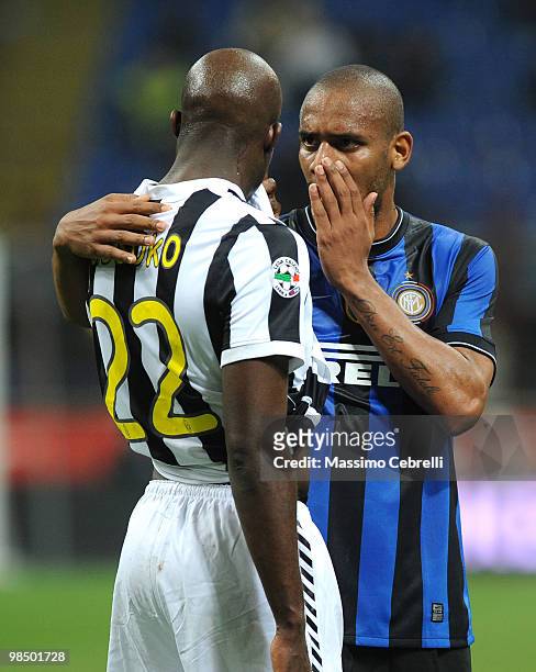 Sisenando Maicon Douglas of FC Internazionale Milano talks with Mohammed Sissoko of Juventus FC during the Serie A match between FC Internazionale...