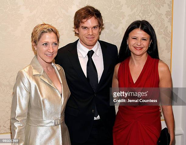 Actors Edie Falco, Michael C. Hall and Tracy Ullman pose for a photo at the Museum of the Moving Image Honors Event honoring Matthew C Blank and...