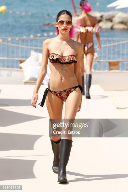 Model walks the runway at the Como un Pez en el Agua show during the Barcelona 080 Fashion Week on June 25, 2018 in Barcelona, Spain.