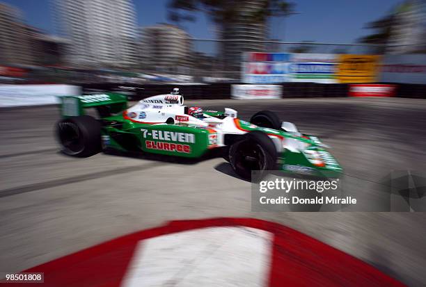 Tony Kanaan, Team 7-Eleven Andretti Autosport, drives into a turn during practice for the IndyCar Series Toyota Grand Prix of Long Beach on April 16,...