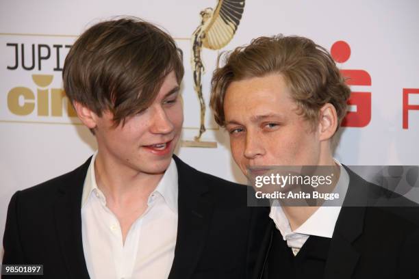 Actors David Kross and Matthias Schweighoefer arrive to the Jupiter Award ceremony at the 'Puro Sky Lounge' on April 16, 2010 in Berlin, Germany.