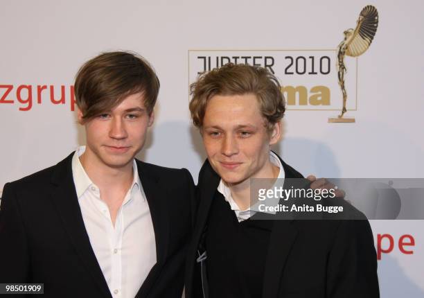 Actors David Kross and Matthias Schweighoefer arrive to the Jupiter Award ceremony at the 'Puro Sky Lounge' on April 16, 2010 in Berlin, Germany.