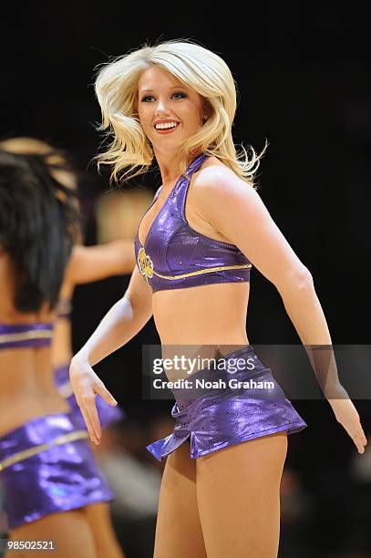 The Los Angeles Lakers dance team performs during the game against the Houston Rockets at Staples Center on January 5, 2010 in Los Angeles,...