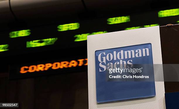 Stock prices whiz by on a ticker near the Goldman Sachs booth on the floor of the New York Stock Exchange April 16, 2010 in New York, New York....