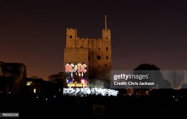 Rochester Castle is illuminated by a 3D animation lightshow on April 16, 2010 in Rochester, England. Images of rock band AC/DC and images from Iron...
