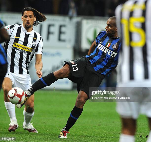 Sisenando Maicon Douglas of FC Intternazionale Milano scores his team's opening goal during the Serie A match between FC Internazionale Milano and...