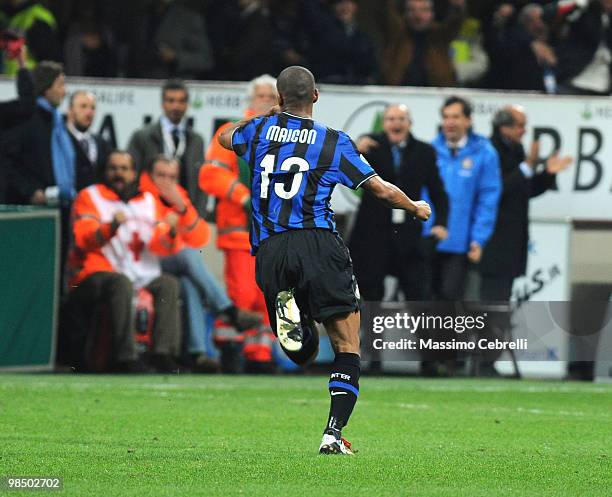 Sisenando Maicon Douglas of FC Intternazionale Milano celebrates scoring his team's opening goal during the Serie A match between FC Internazionale...