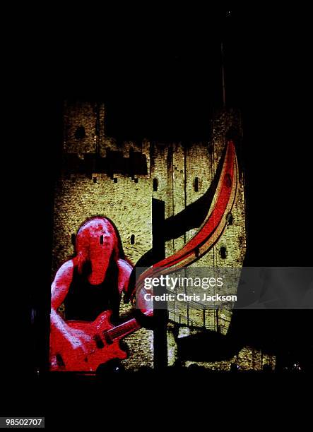 Rochester Castle is illuminated by a 3D animation lightshow on April 16, 2010 in Rochester, England. Images of rock band AC/DC and images from Iron...