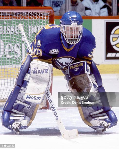 Goaltender Dominik Hasek of the Buffalo Sabres protects the net against the Montreal Canadiens in the 1990's at the Montreal Forum in Montreal,...