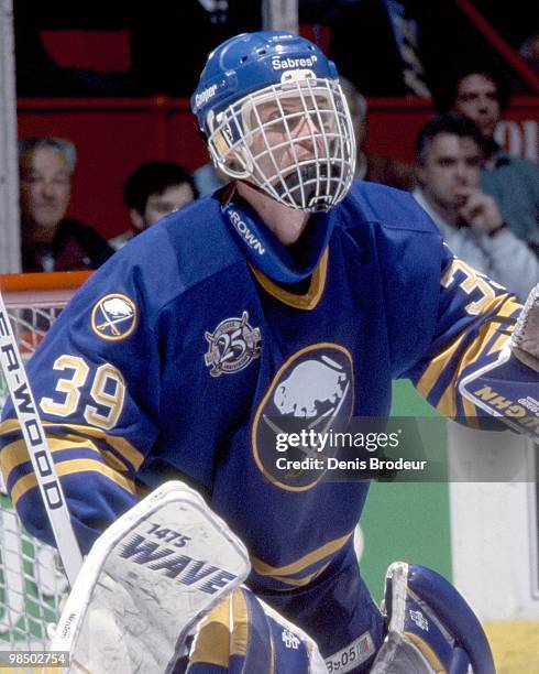 Goaltender Dominik Hasek of the Buffalo Sabres protects the net against the Montreal Canadiens in the 1990's at the Montreal Forum in Montreal,...