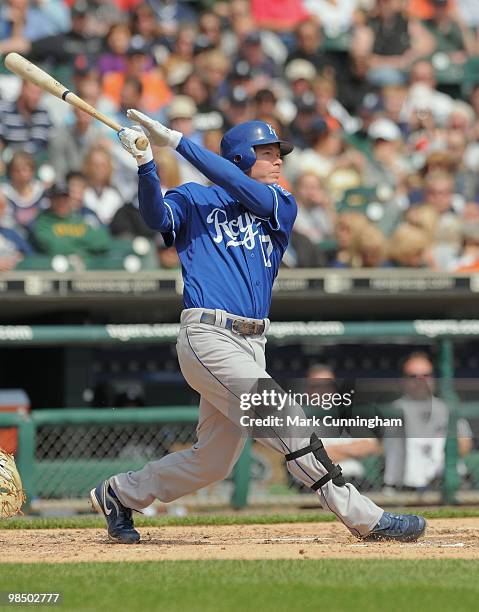 Chris Getz of the Kansas City Royals bats against the Detroit Tigers during the game at Comerica Park on April 14, 2010 in Detroit, Michigan. The...