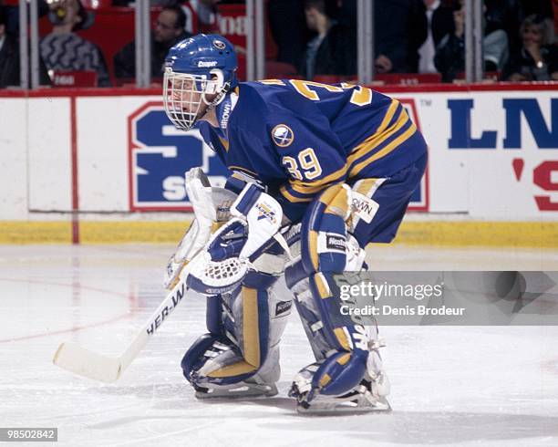 Goaltender Dominik Hasek of the Buffalo Sabres protects the net against the Montreal Canadiens in the 1990's at the Montreal Forum in Montreal,...