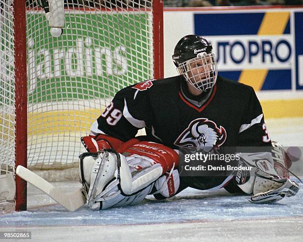 Goaltender Dominik Hasek of the Buffalo Sabres protects the net against the Montreal Canadiens in the 1990's at the Montreal Forum in Montreal,...