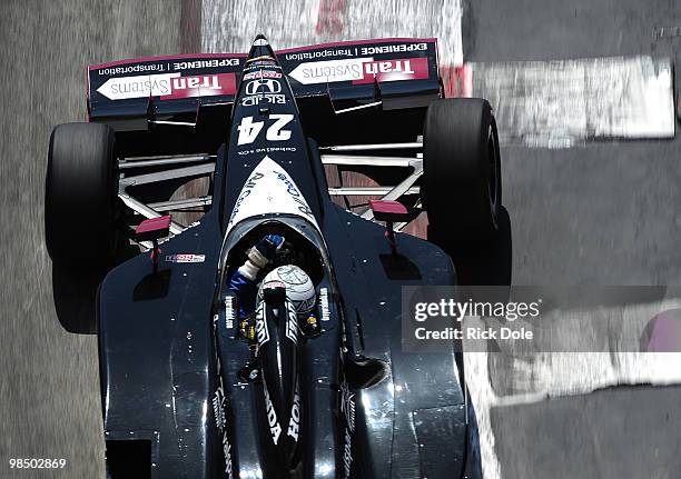 Mike Conway of England drives the Dreyer & Reinbold Racing Dallara Honda during practice for the Indy Car Series Toyota Grand Prix of Long Beach on...