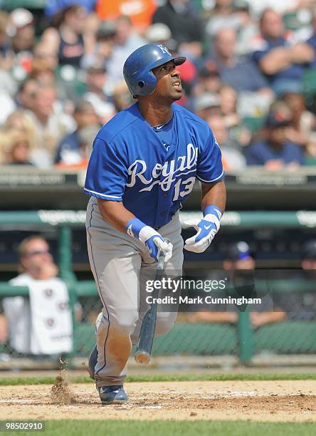 Alberto Callaspo of the Kansas City Royals bats against the Detroit Tigers during the game at Comerica Park on April 14, 2010 in Detroit, Michigan....