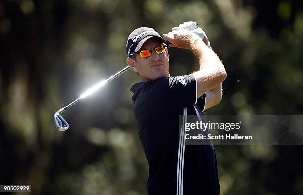 Greg Owen of England hits his tee shot on the 14th hole during the second round of the Verizon Heritage at the Harbour Town Golf Links on April 16,...