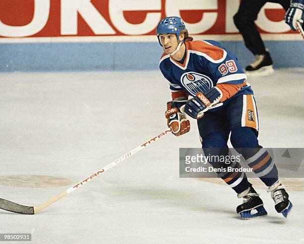 Wayne Gretzky of the Edmonton Oilers skates against the Montreal Canadiens in the 1980's at the Montreal Forum in Montreal, Quebec, Canada.