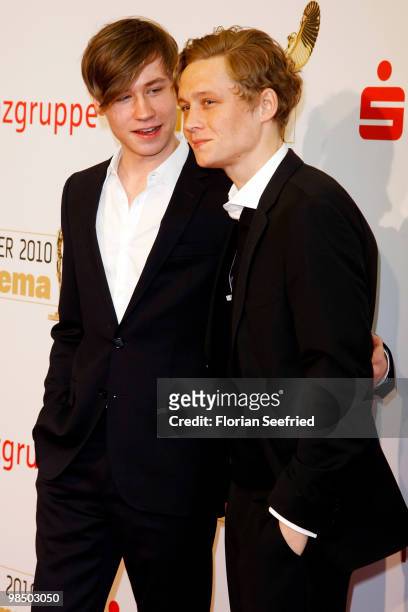 Actor David Kross and actor Matthias Schweighoefer attend the 'Jupiter Award 2010' at Puro Sky Lounge on April 16, 2010 in Berlin, Germany.