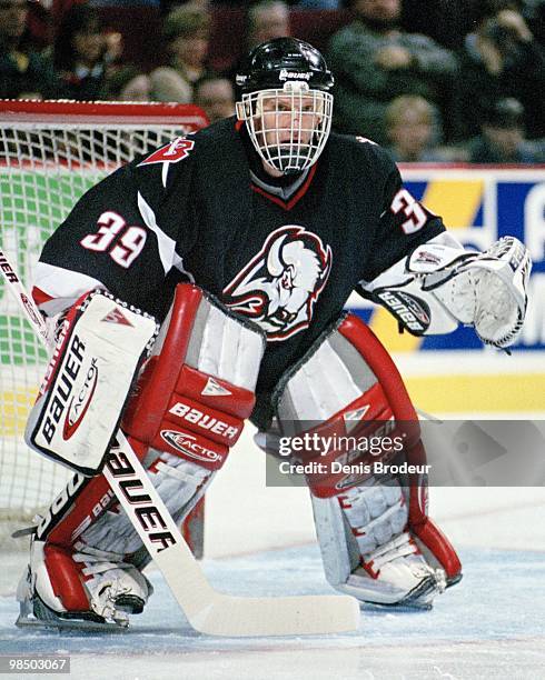 Goaltender Dominik Hasek of the Buffalo Sabres protects the net against the Montreal Canadiens in the 1990's at the Montreal Forum in Montreal,...