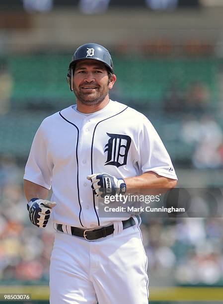 Johnny Damon of the Detroit Tigers looks on against the Kansas City Royals during the game at Comerica Park on April 14, 2010 in Detroit, Michigan....