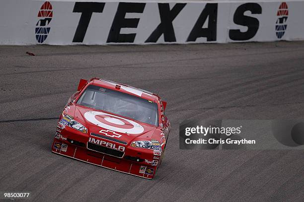 Juan Pablo Montoya, driver of the Target CHevrolet, drives on track during practice for the NASCAR Sprint Cup Series Samsung Mobile 500 at Texas...