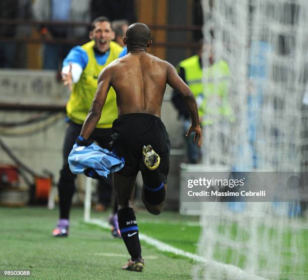 Samuel Eto'o Fils of FC Internazionale Milano celebrates scoring his team's second goal with team mate Marco Materazzi during the Serie A match...