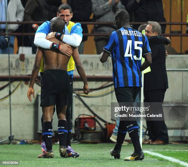 Samuel Eto'o Fils of FC Internazionale Milano celebrates scoring his team's second goal with team mate Marco Materazzi during the Serie A match...