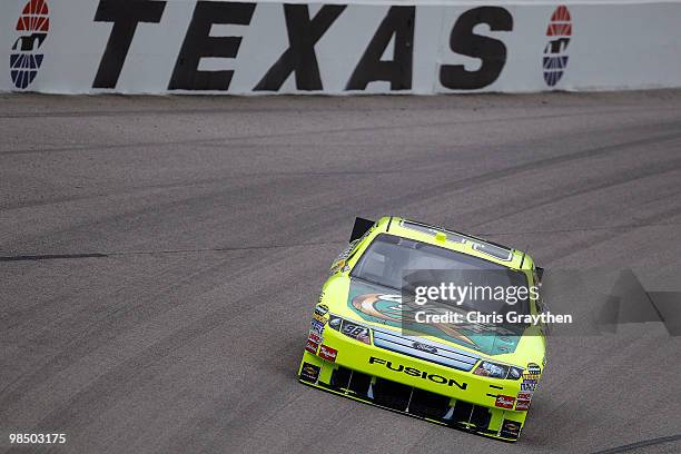 Paul Menard, driver of the Quaker State / Menards Ford, drives on track during practice for the NASCAR Sprint Cup Series Samsung Mobile 500 at Texas...