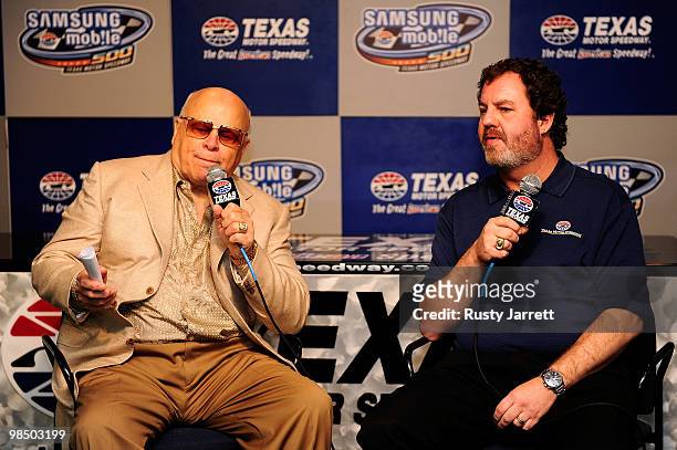 Speedway Motorsports Inc. Owner/CEO Bruton Smith and president of Texas Motor Speedway Eddie Gossage speak to the media during a press conference at...