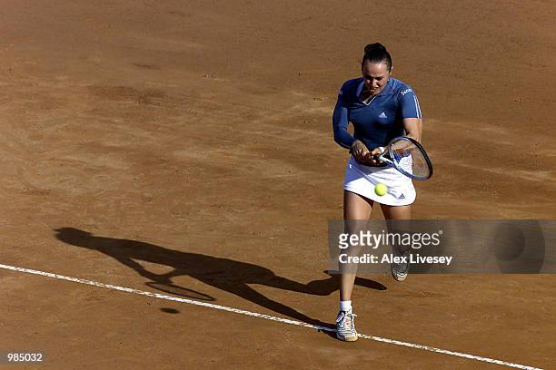 Martina Hingis of Switzerland in action during her victory over Tatiana Panova of Russia in the second round of the Italian Open at the Olympic Park,...
