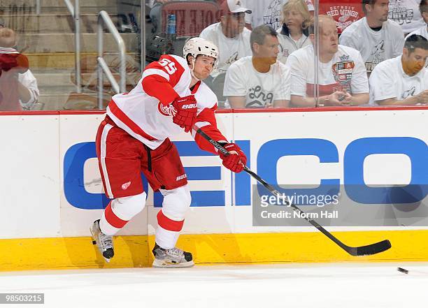 Niklas Kronwall of the Detroit Red Wings passes the puck up ice against the Phoenix Coyotes in Game One of the Western Conference Quarterfinals...