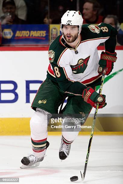 Brent Burns of the Minnesota Wild skates against the Calgary Flames on April 8, 2010 at Pengrowth Saddledome in Calgary, Alberta, Canada. The Wild...